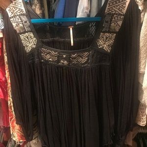 Free People: embroidered collar black top